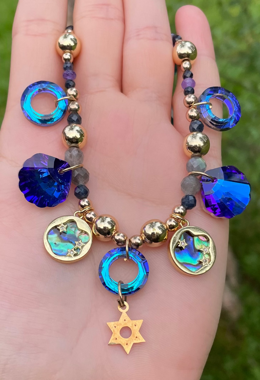 Jewish Queen of the Sea with Gold Plated Magen David, Abalone Shells and Faceted Glass