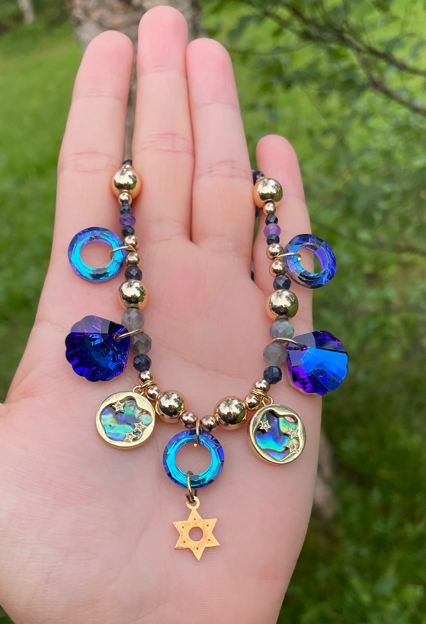 Jewish Queen of the Sea with Gold Plated Magen David, Abalone Shells and Faceted Glass