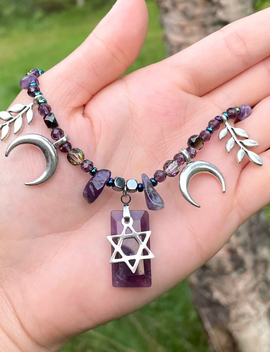 Jewish Queen of the Night Amethyst Gemstones Moons and Magen David Necklace