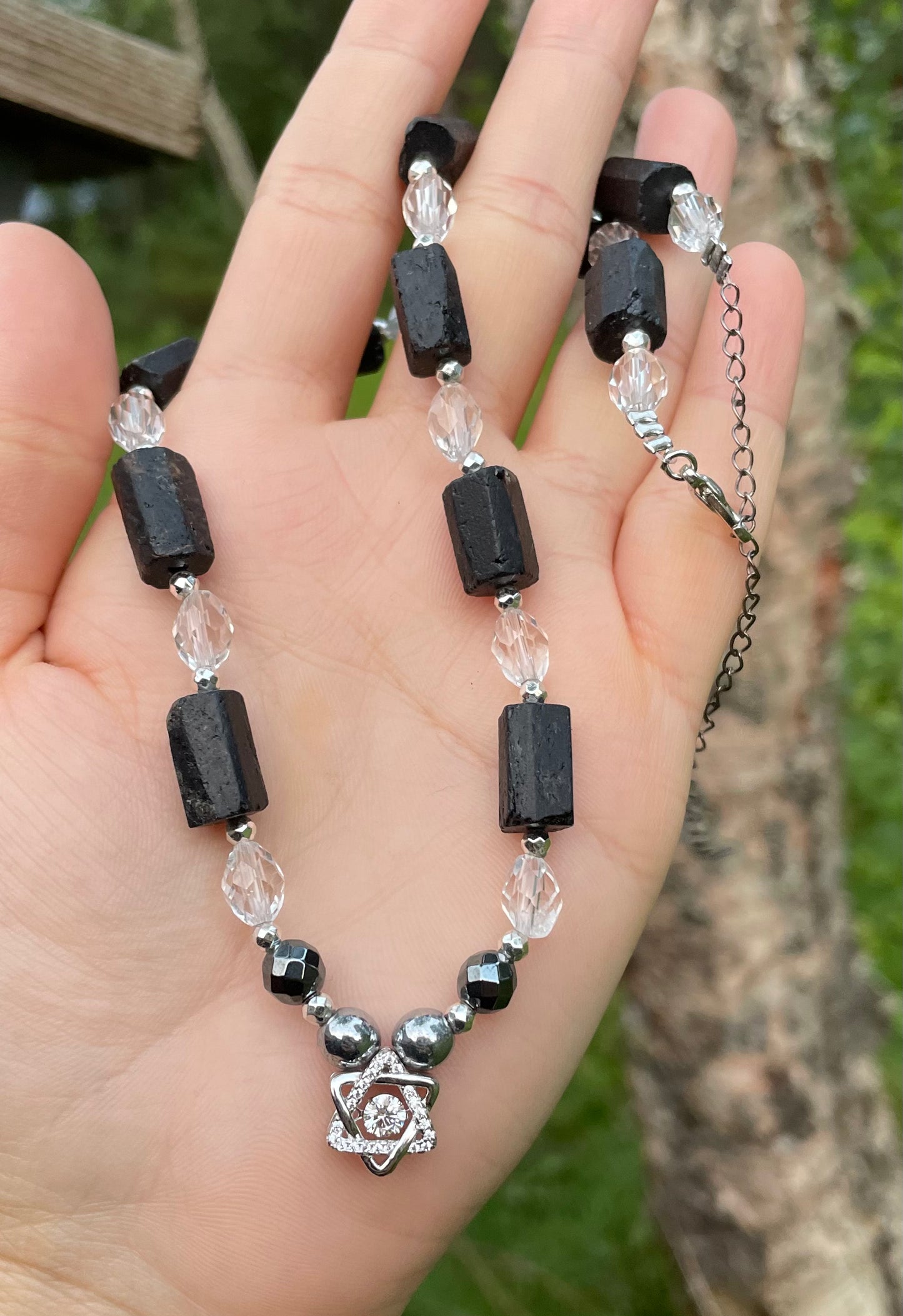Moissanite Star of David David Black & White Necklace with Tourmaline Gemstones and Glass