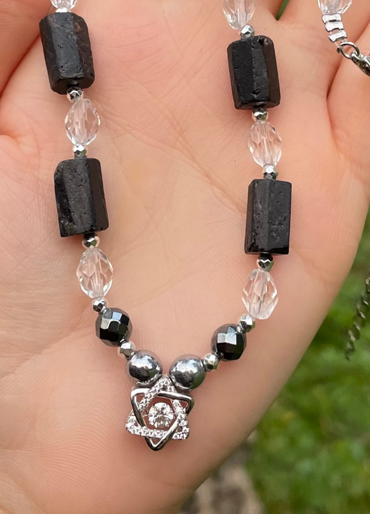 Moissanite Star of David David Black & White Necklace with Tourmaline Gemstones and Glass