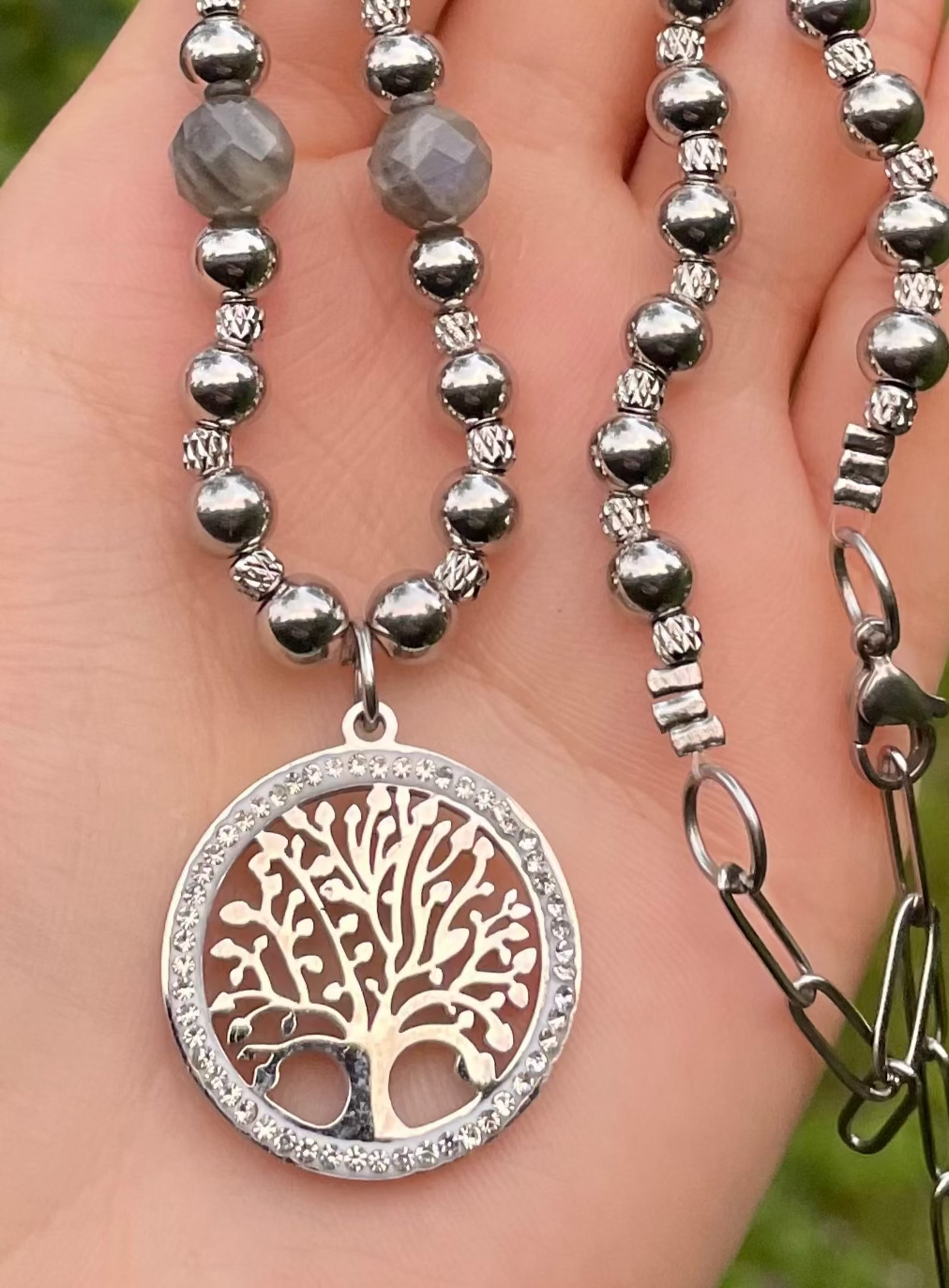 Tree of Life Zirconia, Stainless Steel & Labradorite Gemstones Beaded Necklace
