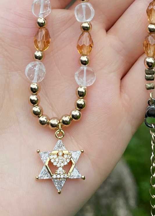 Menorah Magen David Zirconia and Glass Beaded Gold and White Necklace