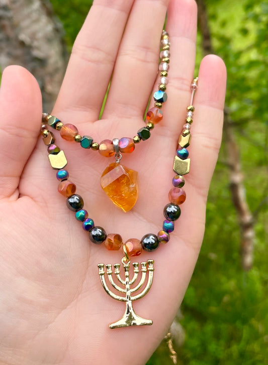 Citrine & Menorah Layered Beaded Handmade Necklaces