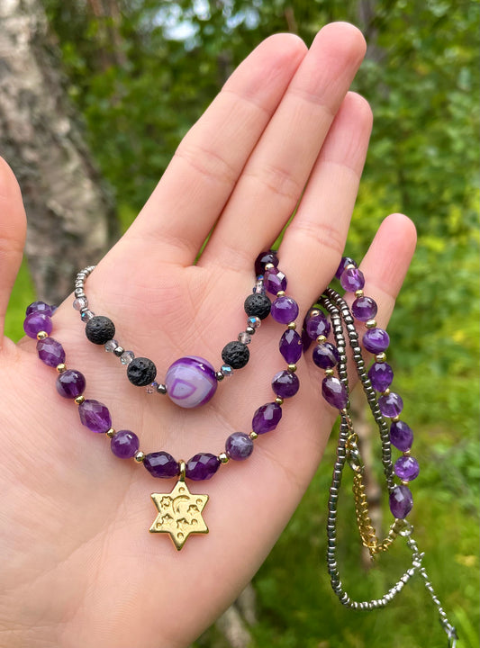Purple Night Magen David Set with Amethyst and Agate Gemstones