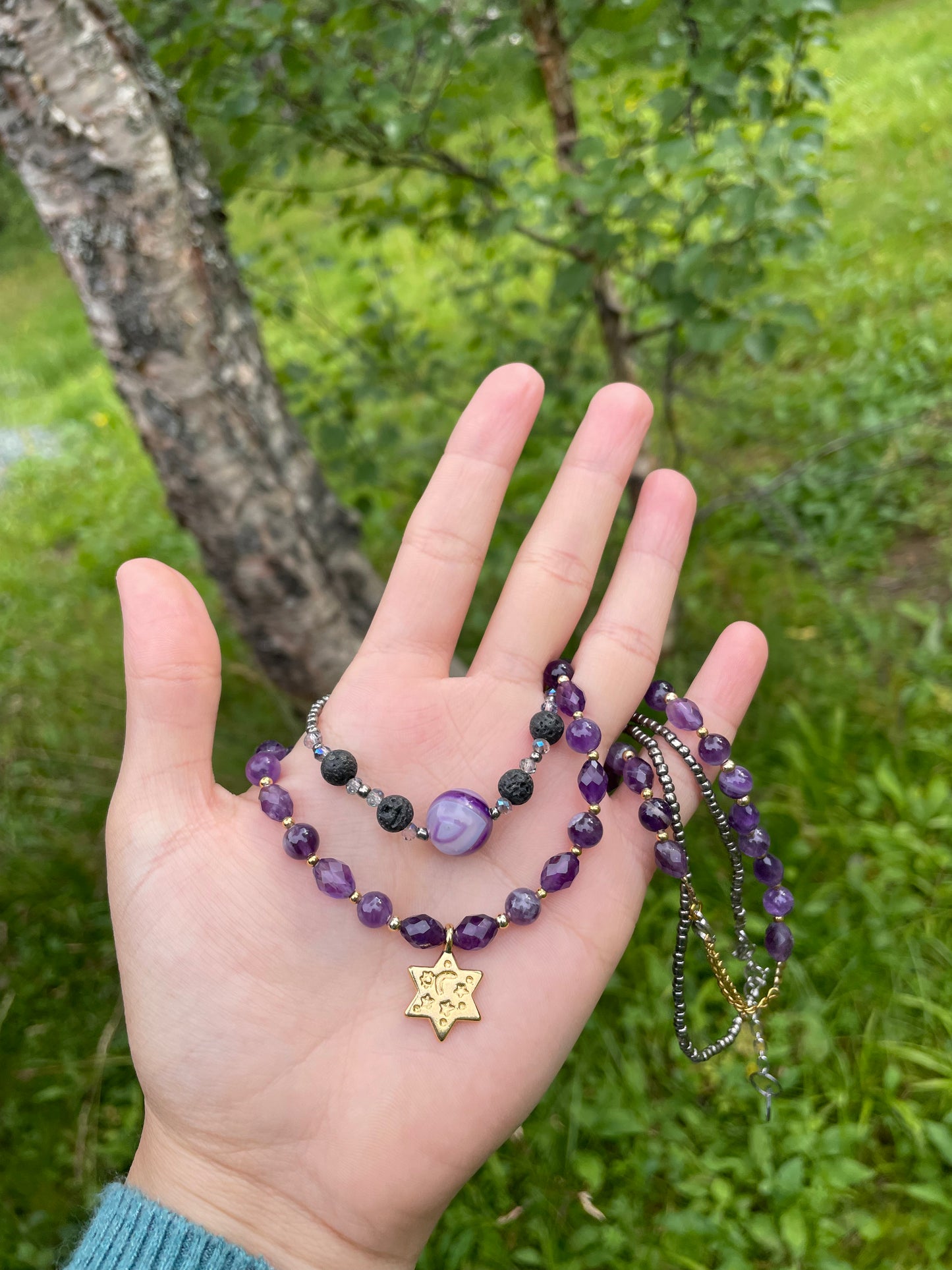 Purple Night Magen David Set with Amethyst and Agate Gemstones