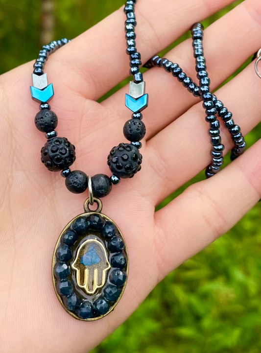 Hamsa Blue Flower Sapphire Gemstones Glass Beaded Necklace