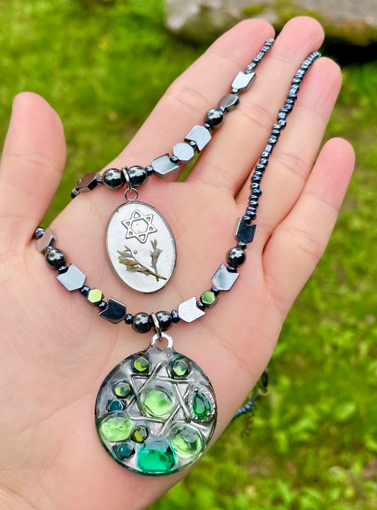 Green Israeli Flowers and Charms Magen David Silver Layered Beaded Necklaces Set