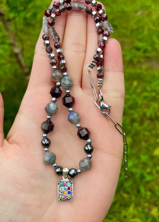 12 Tribes of Israel: Garnet, Clear Quartz and Labradorite Beaded 925 Sterling Silver Gemstones Necklace