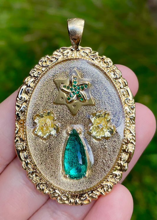 Alana: Green & Gold Flowers Magen David Gold Plated Resin Pendant