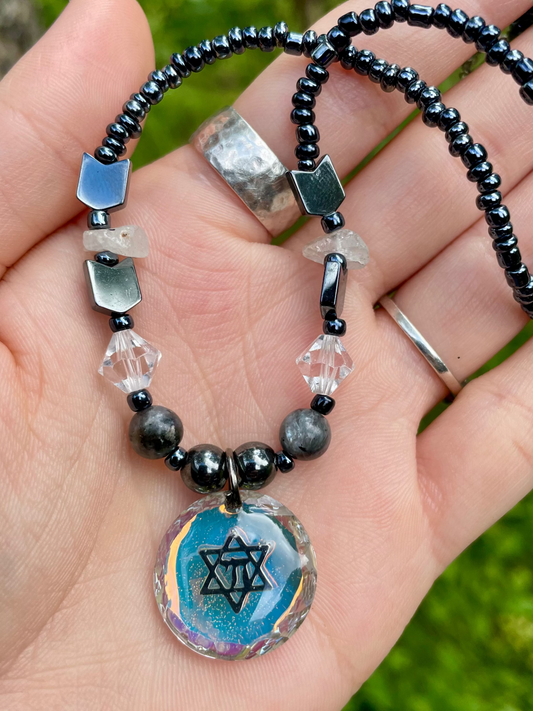 Chai Magen David Reflective Round Glass Beaded Dark Blue and Grey Gemstones Necklace