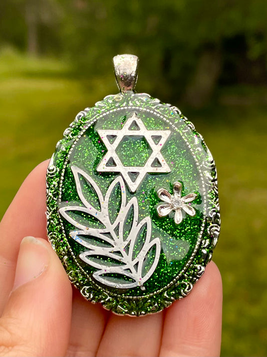 Mint: Green Magen David Silver Leaf Resin Pendant