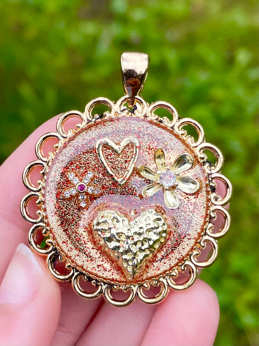 Love and Flowers Peach Gold Plated Resin Pendant