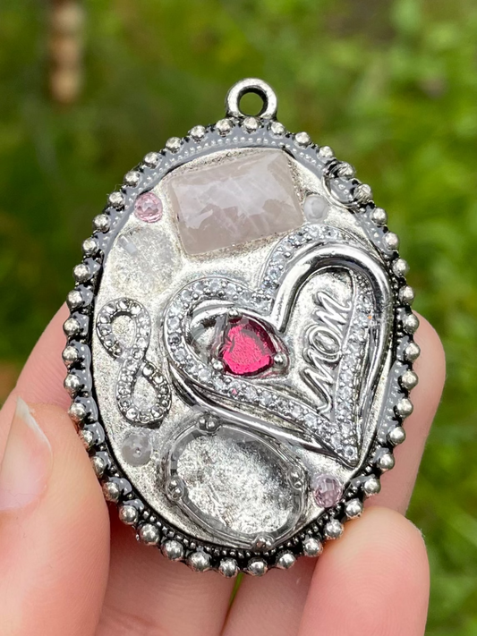 I love you Mom pendant: with Rose Quartz gemstones, zirconia infinity symbol, heart and clear quartz