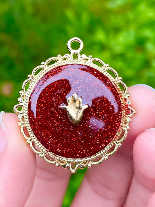 Gold plated Hamsa Red Shine Round Decorated Vintage Inspired Handmade Pendant