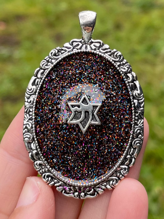 Milky Way Galaxy Pendant: Chai Magen David and deep Purple Black Shine Silver toned Resin Pendant