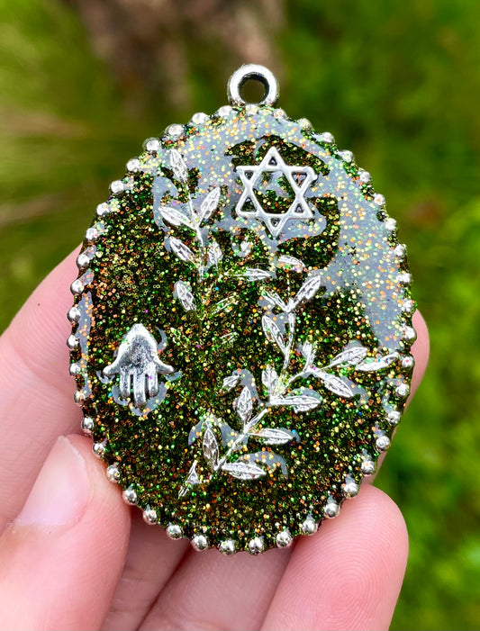 Secret Garden Melody: Hamsa and Magen David, Silver Leaves and Mixed Green Orange Shine