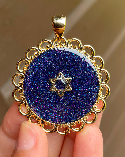 Soul of the Galaxies: Gold plated Magen David and Round Decorated frame with Purple and Blue mIxed Shine