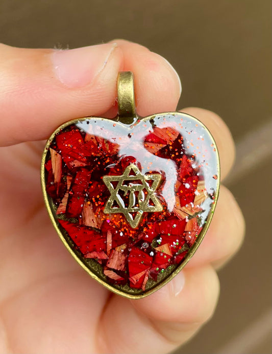 Red Israeli Flowers Heart Resin Pendant with gold plated Chai Magen David and Red Sparkles