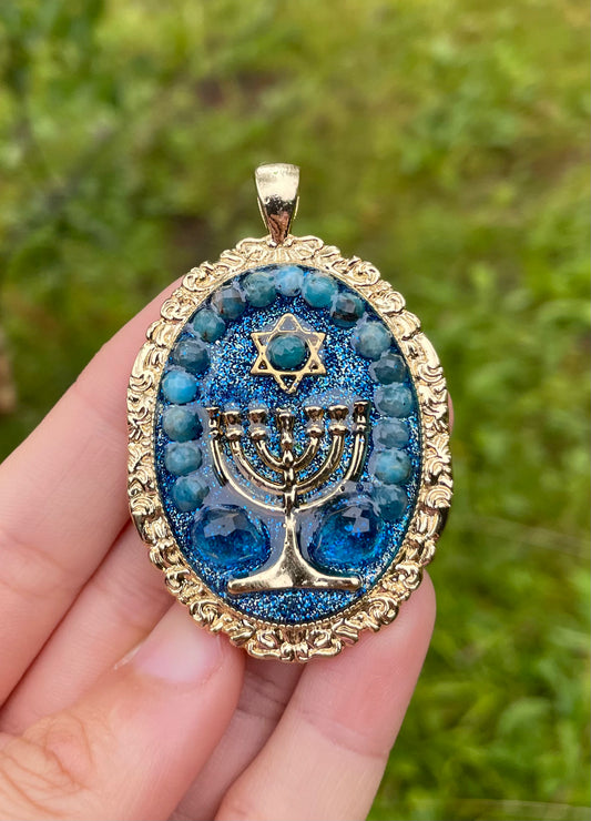 Menorah Apatite Gemstones and Gold Plated Pendant