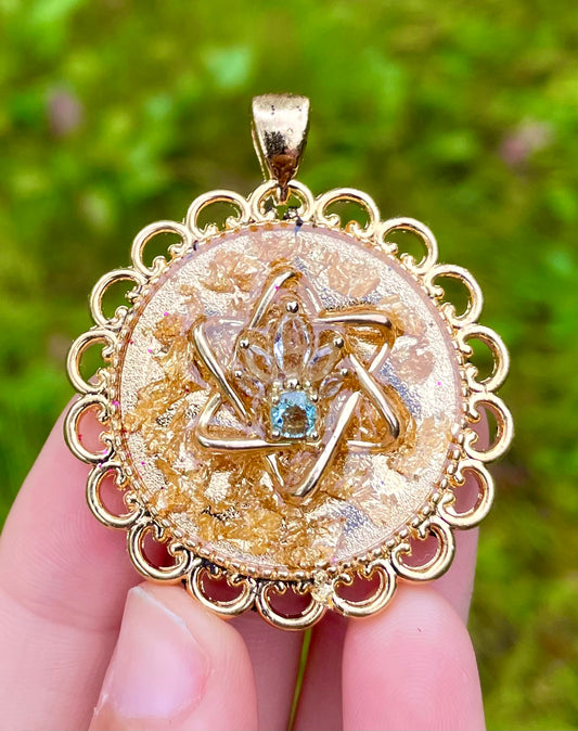 Pearl: Gold plated Magen David, Zirconia Blue Pearl and Gold flakes in Gold Plated Round Pendant