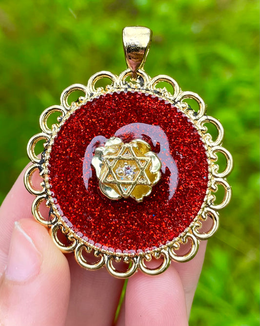 Bright Red Golden Flower and Gold plated Magen David with Zirconia