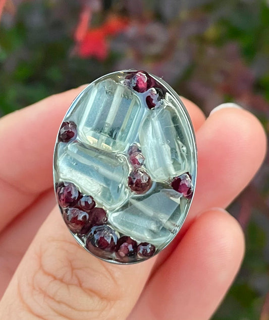 Green Amethyst and Dark Red Garnet Gemstones Adjustable Stainless Resin Ring