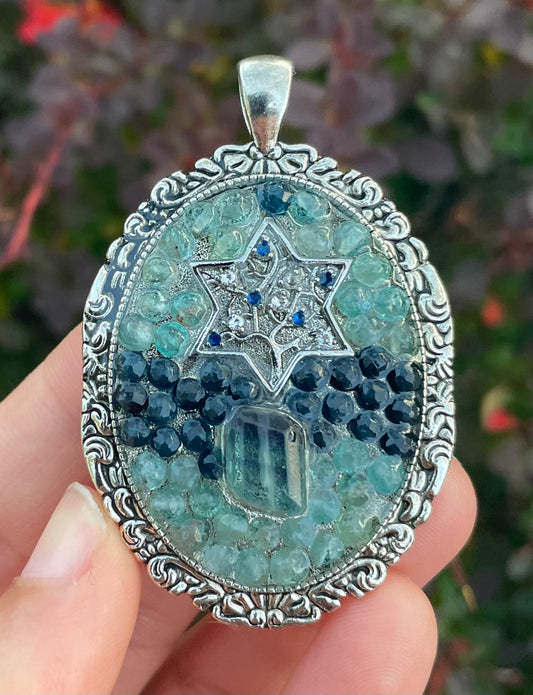 Magen David Tree of Life, Fluorite and Kyanite Gemstones Resin Pendant