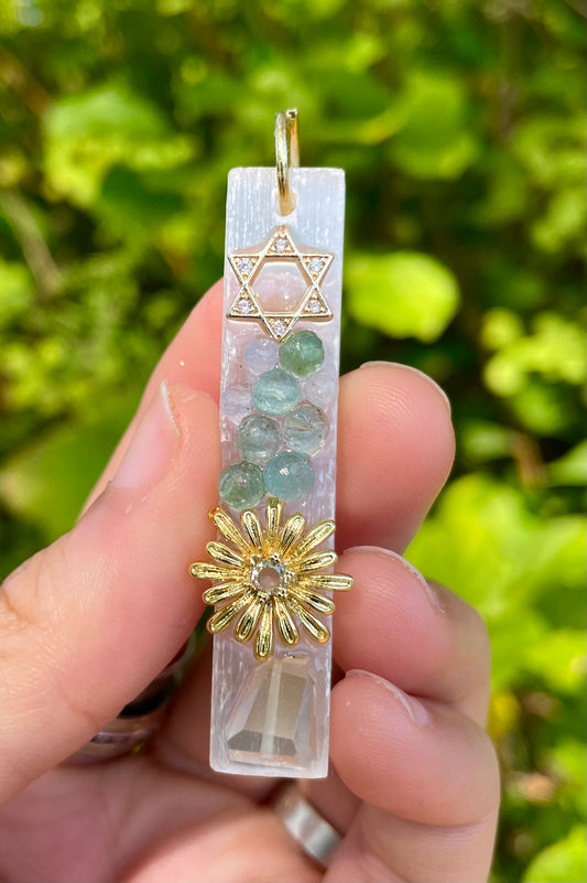 Selenite White Crystal Pillar, Magen David, Kyanite Beads and Sunflower Pendant