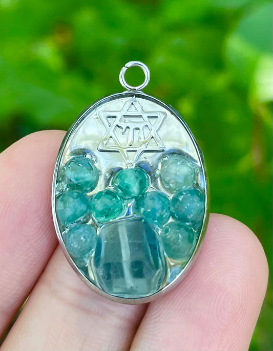 Chai Magen David, Fluorite and Kyanite Gemstones Silver Turquoise Pendant