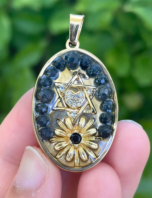 Gold Plated Magen David Heart Pendant with Gold Black Flower and Dark Blue Beads