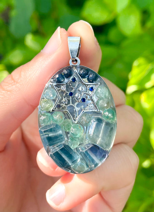 Silver Blue Tree of Life Magen David, Fluorite and Kyanite Gemstones