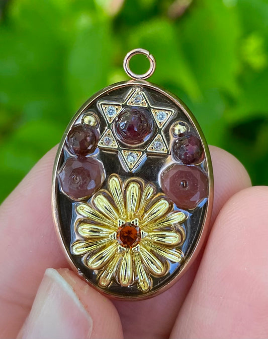 Magen David, Garnet and Red Agate Gemstones, Gold Plated Flower with Red Zirconia