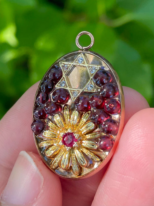 Magen David, Garnet Gemstones, Gold Plated Flower with Red Zirconia