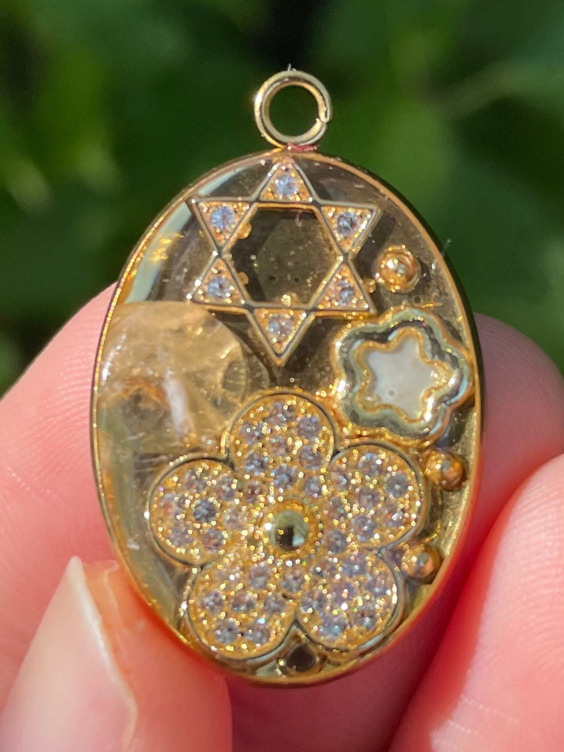 Gold Plated Zirconia Flower, Magen David and Clear Quartz Resin Pendant