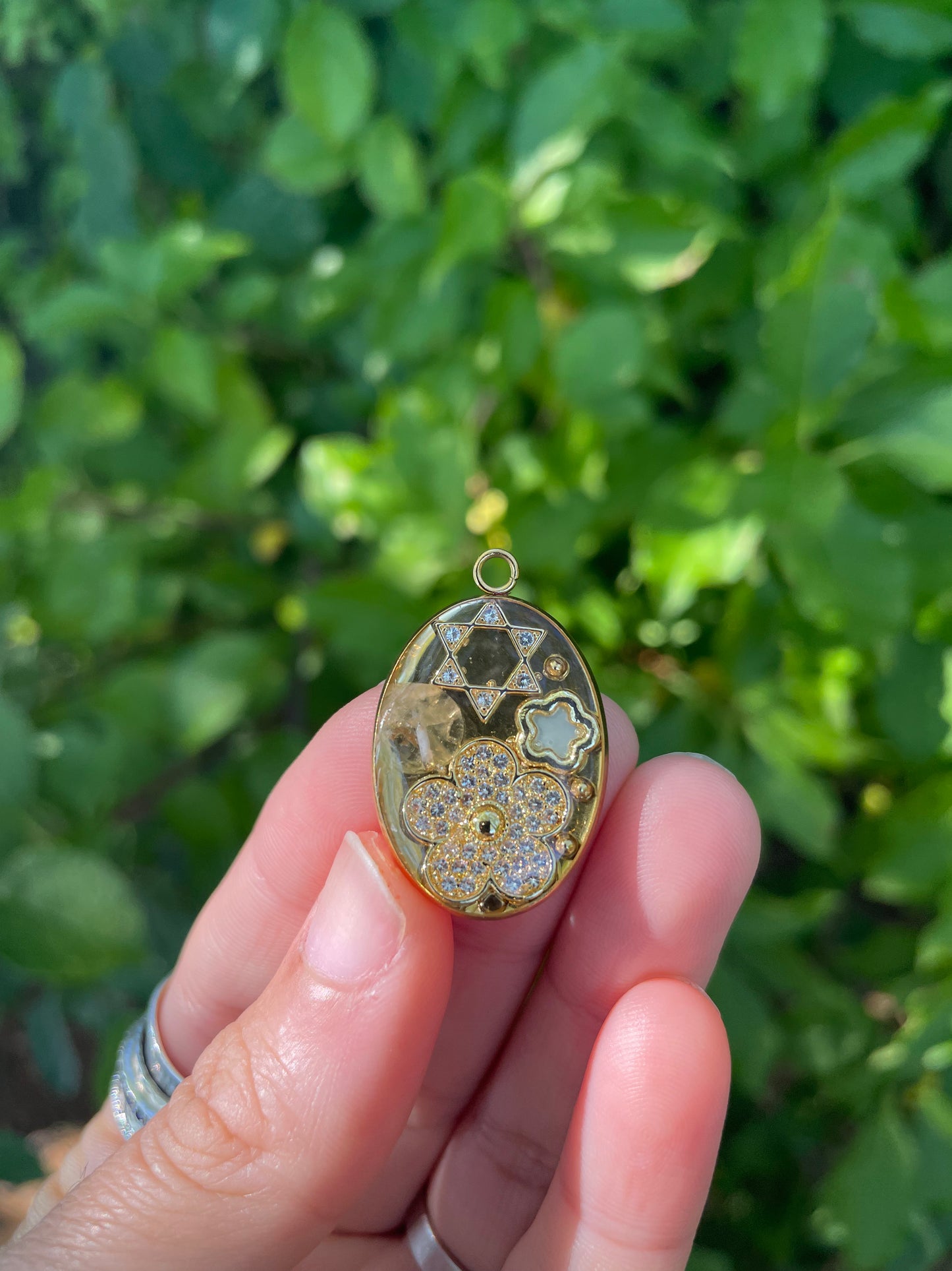 Gold Plated Zirconia Flower, Magen David and Clear Quartz Resin Pendant