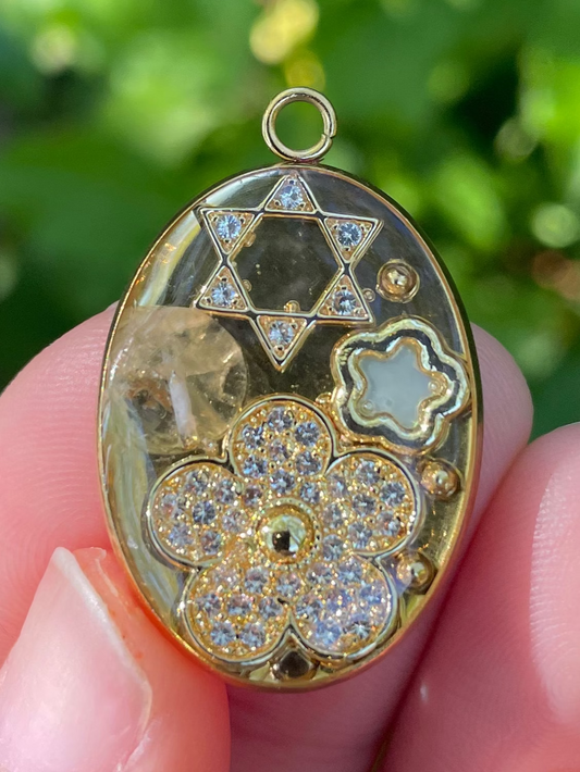 Gold Plated Zirconia Flower, Magen David and Clear Quartz Resin Pendant