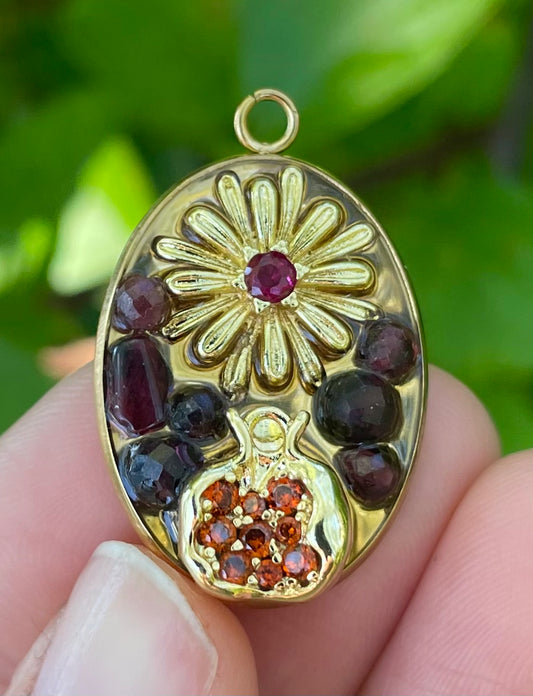 Pomegranate Garnets Gold plated Flower Resin Pendant