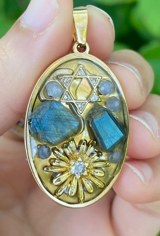 Labradorite and Tanzanite Gemstones Sunflower Magen David Zirconia Pendant