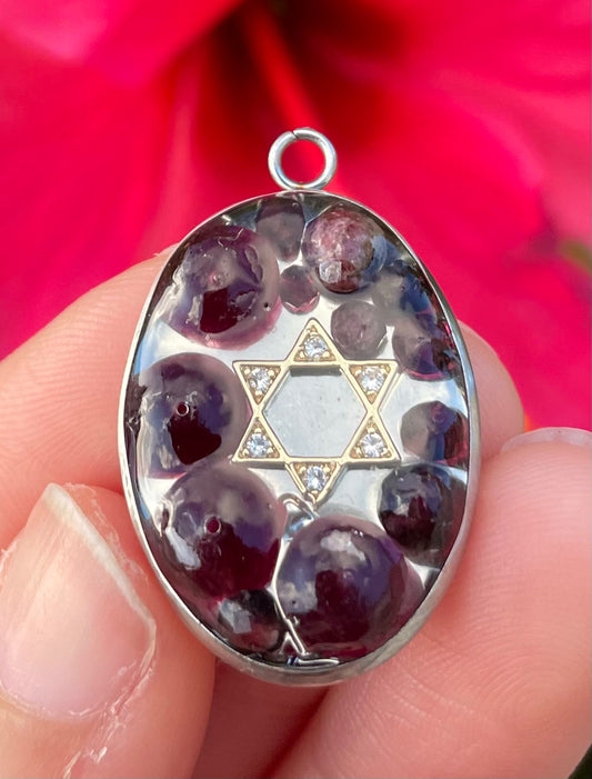 Two Tone Garnet and Red Jade Magen David Pendant