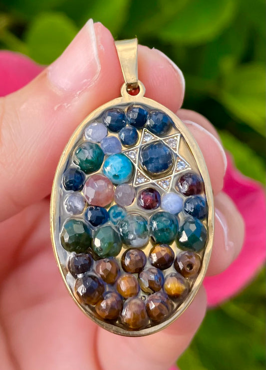 Ground Up: Magen David, Garnet, Tiger's Eye, Apatite, Moss Agate and Tanzanaite Gemstones Pendant