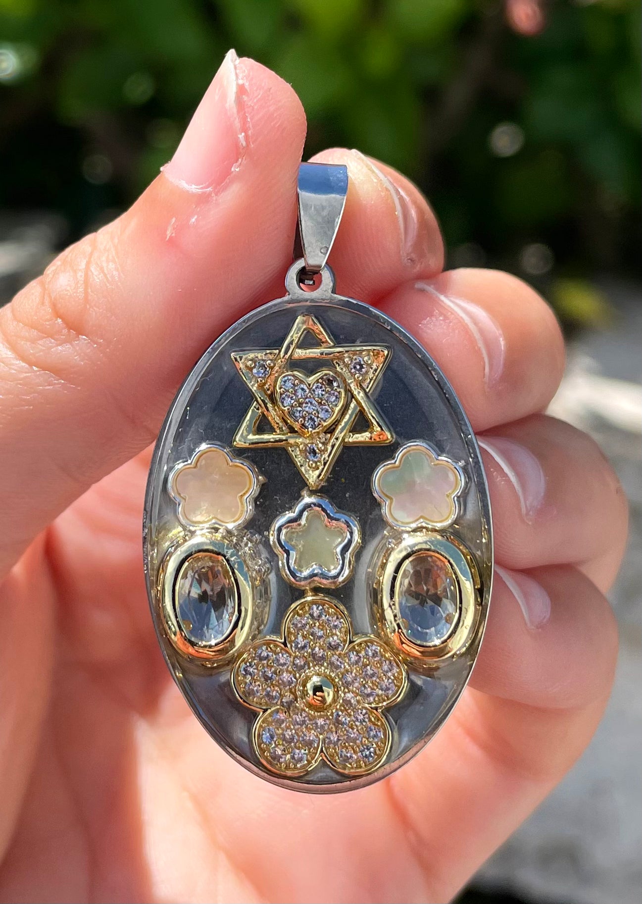 Two Tone Magen David and White Flowers Resin Pendant