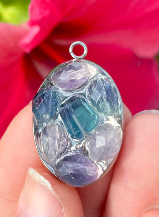 Fluorite Gemstones Pendant in Blue Green and Purple