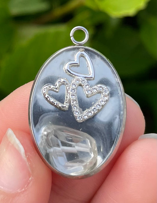 3 Silver Hearts & Green Amethyst Resin Pendant