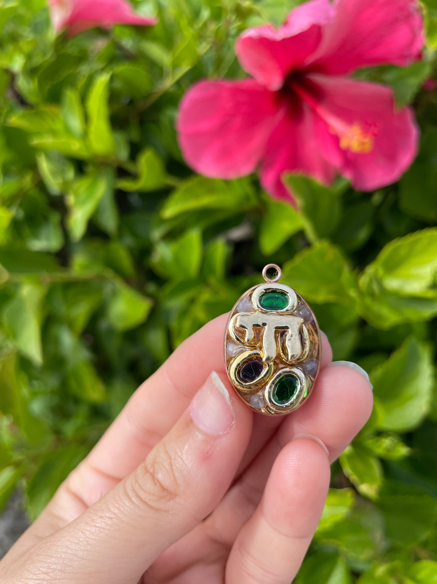 Gold Plated Chai Tanzanite, Green and Purple Zirconia Resin Pendant