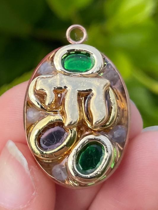 Gold Plated Chai Tanzanite, Green and Purple Zirconia Resin Pendant