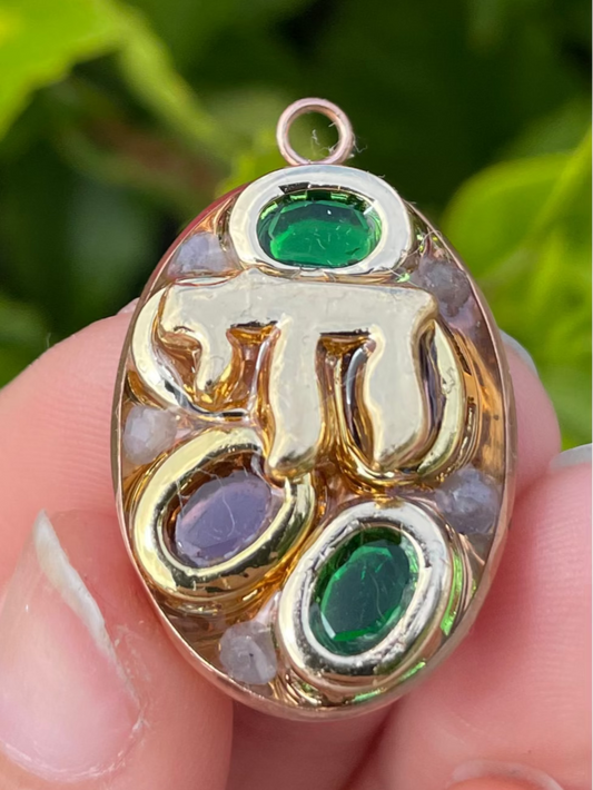 Gold Plated Chai Tanzanite, Green and Purple Zirconia Resin Pendant