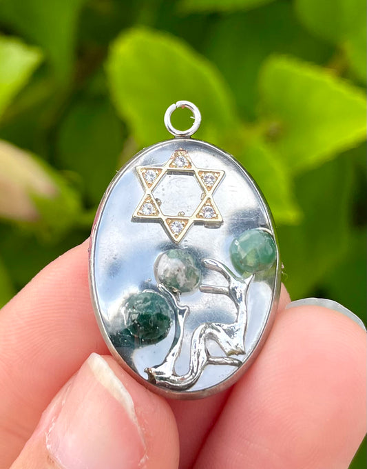 Magen David Agate Moss Silver Tree Pendant
