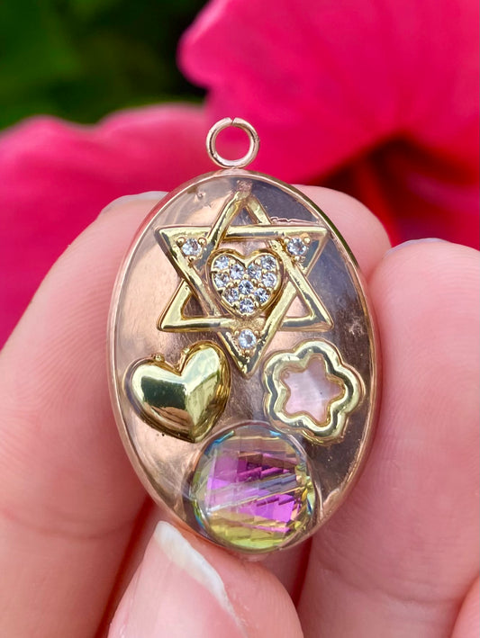 Gold Heart, Pink Flower and Magen David Zirconia Heart Rose Golden Pendant