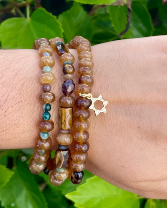 Three Layers Citrine Agate Tiger's Eye Gemstones Magen David Bracelet